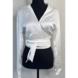Zara White Wrap Tie Long Sleeve Blouse